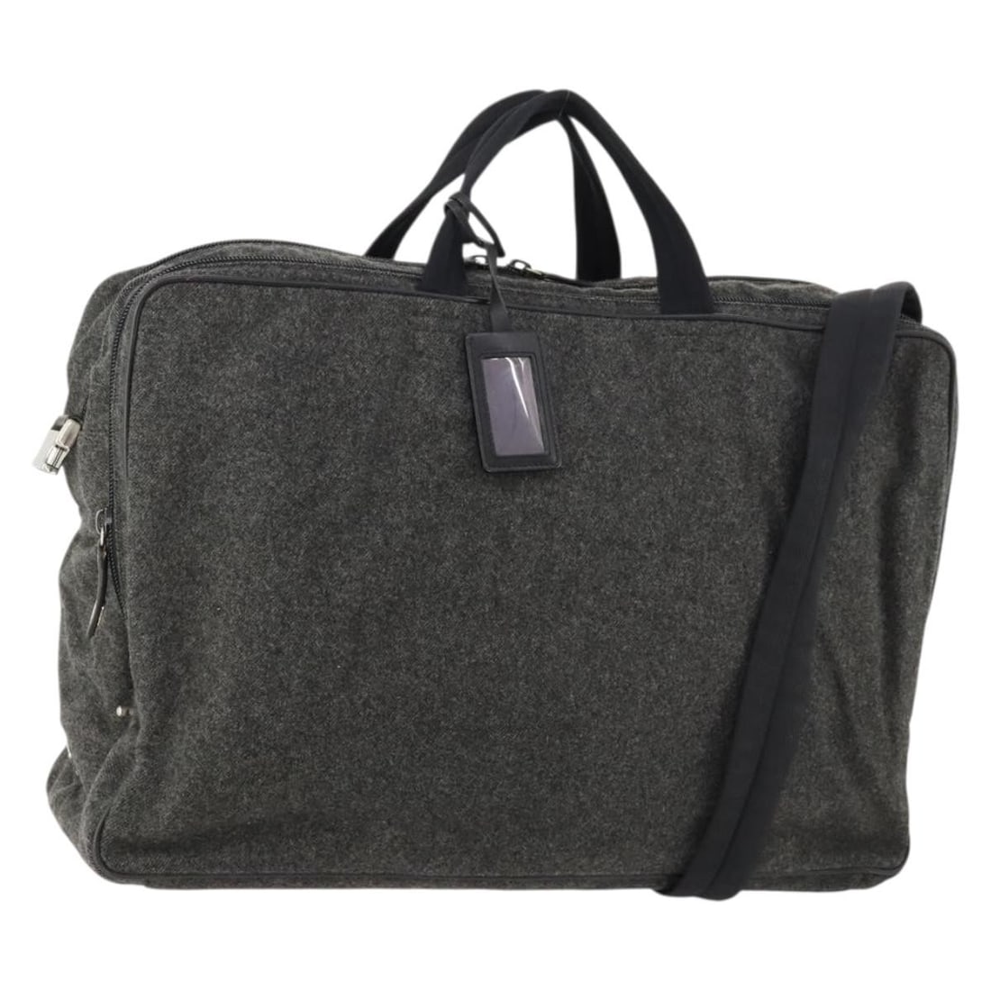 Gray Silver Felt Boston Bag PRADA with Clochette Name Tag: Gray Silver Felt Boston Bag PRADA with Clochette Name Tag A Prada Boston bag in gray and silver, made in Italy. It comes with a clochette and name tag. The bag is described as heavily used with visibl