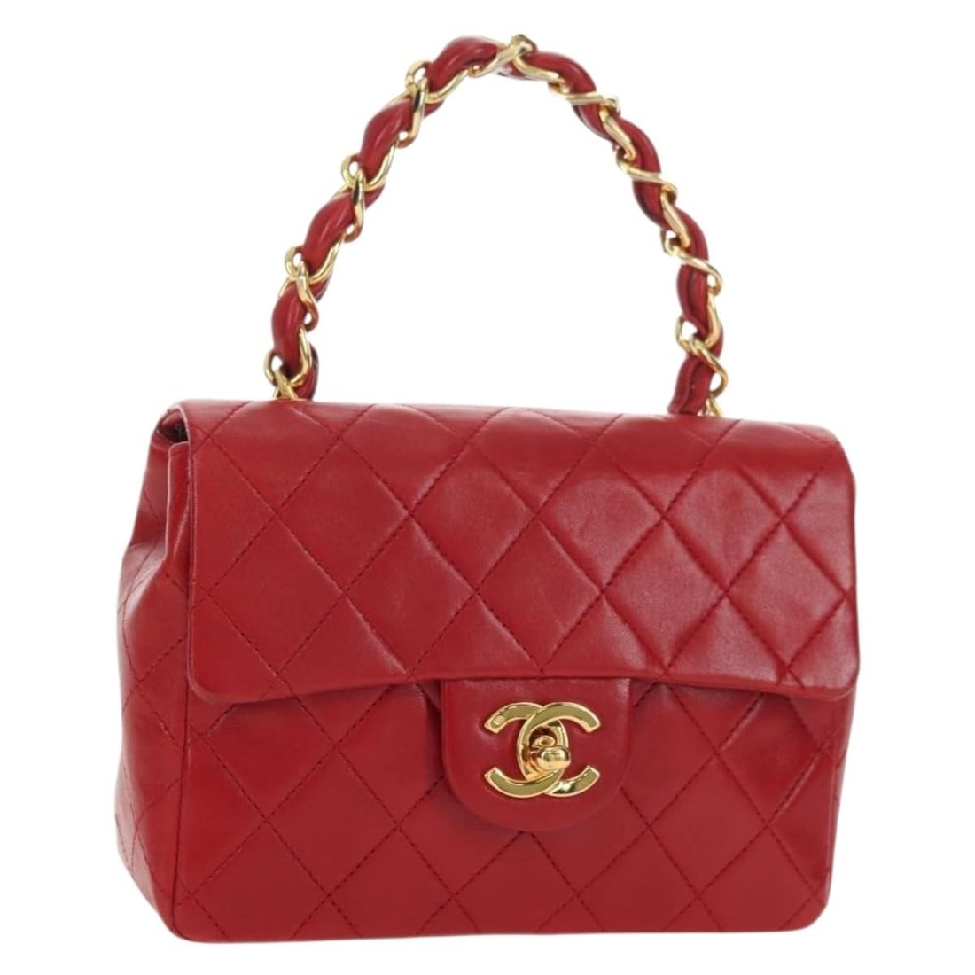 CHANEL Mini Matelasse 17 Lambskin Handbag Red with Gold CC: CHANEL Mini Matelasse 17 Lambskin Handbag Red with Gold CC Compact Chanel Mini Matelasse 17 hand bag in red lamb skin leather with gold-tone CC detailing. Made in France and includes a dust bag. This 