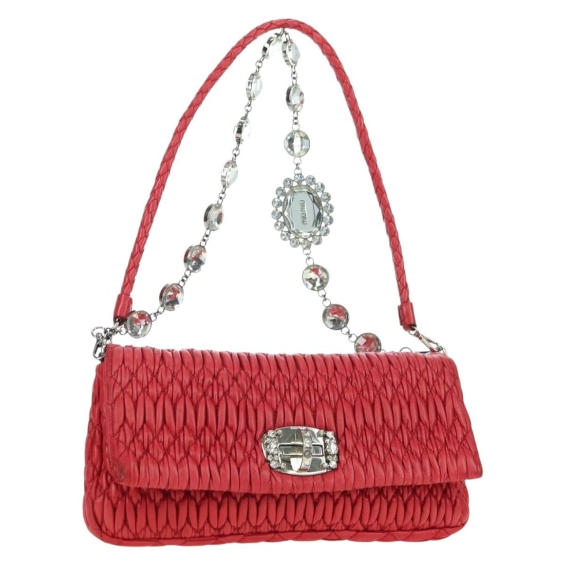 Miu Miu Matelasse Leather Shoulder Bag Red Silver Tone with Dust Bag: Miu Miu Matelasse Leather Shoulder Bag Red Silver Tone with Dust Bag Miu Miu matelasse chain shoulder bag in red leather with silver-tone exterior details. It is a women's shoulder bag made in Turkey 