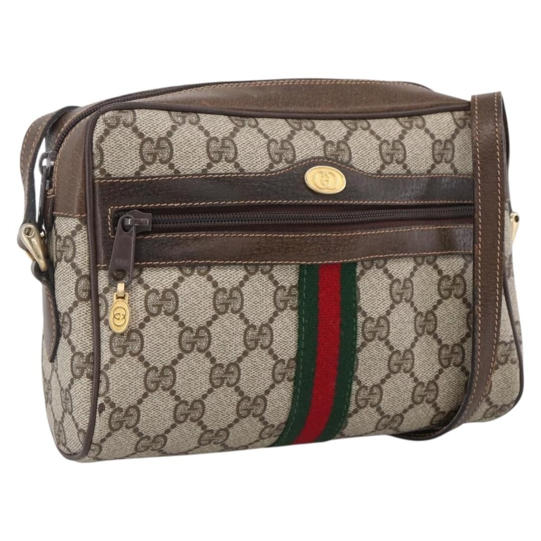 Gucci Sherry Line GG Supreme PVC Shoulder Bag Beige Gold: Gucci Sherry Line GG Supreme PVC Shoulder Bag Beige Gold Gucci GG Supreme Web Sherry Line shoulder bag in beige and gold, made in Italy from PVC leather and GG canvas. This pre-owned bag features a sh