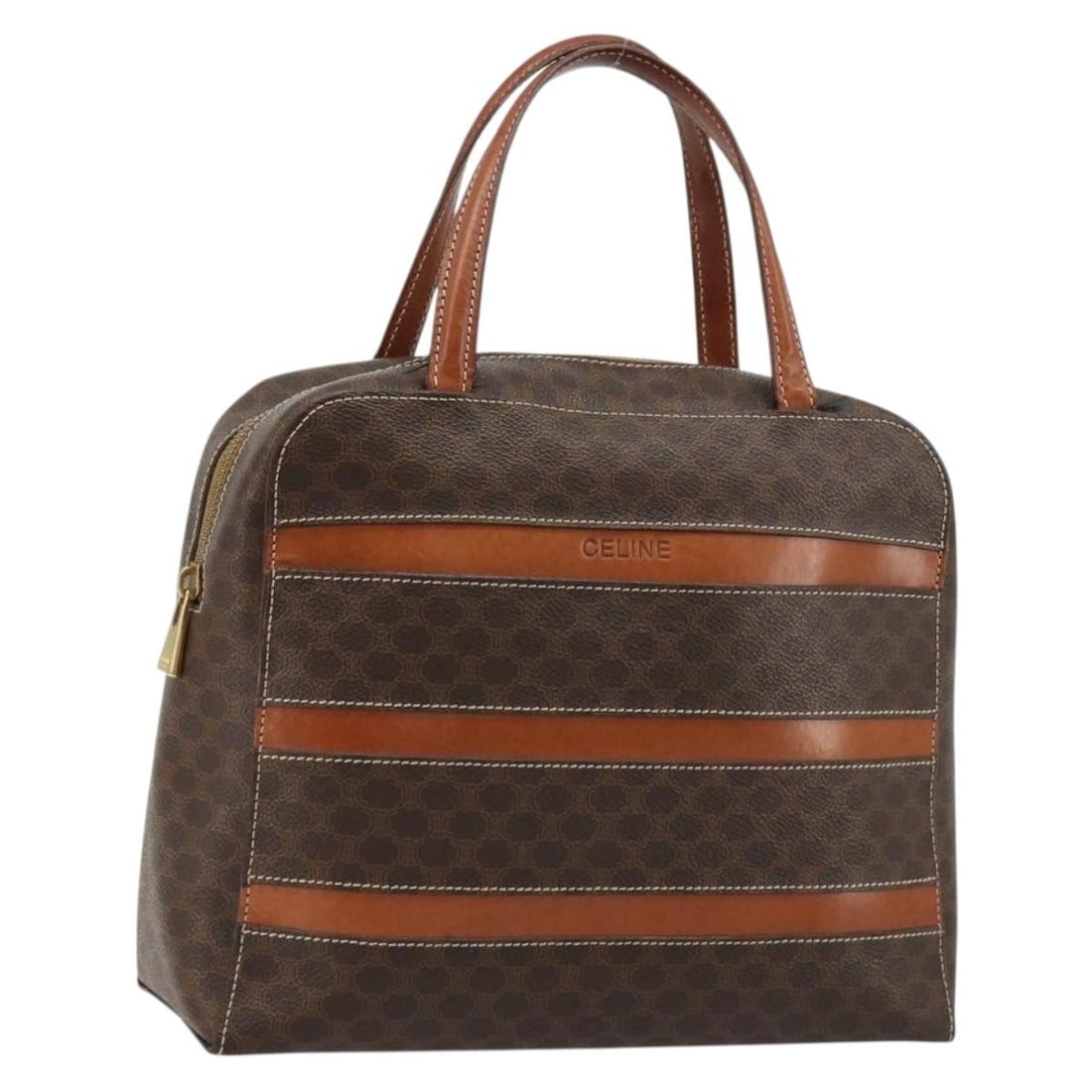 CELINE Macadam PVC Leather Brown Gold Hand Bag Italy: CELINE Macadam PVC Leather Brown Gold Hand Bag Italy This CELINE Macadam Canvas handbag features a combination of PVC leather and the brand's iconic Macadam canvas in brown and gold tones. Designed fo