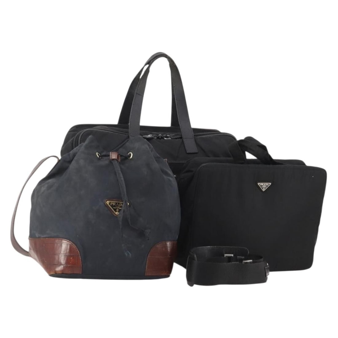 3 Piece Prada Nylon Shoulder Bag Set Navy Black with Strap Card: 3 Piece Prada Nylon Shoulder Bag Set Navy Black with Strap Card PRADA shoulder bag in navy and black nylon, made in Italy. The bag comes with a shoulder strap and guarantee card. It is described as a 