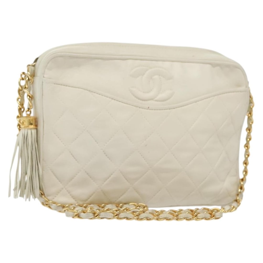 CHANEL Matelasse White Gold Lambskin Shoulder Bag with Chain Strap: CHANEL Matelasse White Gold Lambskin Shoulder Bag with Chain Strap This authentic CHANEL Matelasse Chain Shoulder Bag is crafted from luxurious lamb skin in an elegant white and gold color combination