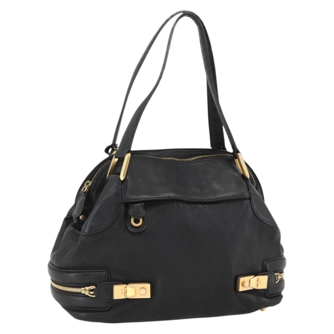 Chloe Black Leather Hand Bag with Gold Tone Hardware: Chloe Black Leather Hand Bag with Gold Tone Hardware Chloe women's hand bag in black and gold leather, made in Bulgaria. The bag measures approximately 31 cm W x 23 cm H x 15 cm D, with a handle drop 