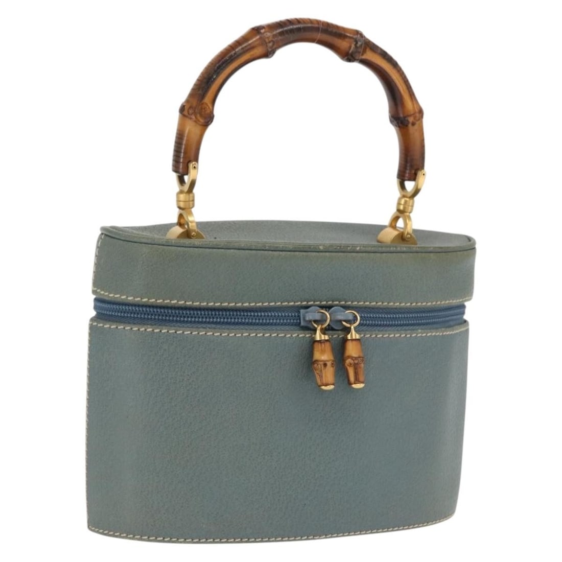 Blue Leather Bamboo Cosmetic Bag by Gucci Model 000 984 0232: Blue Leather Bamboo Cosmetic Bag by Gucci Model 000 984 0232 This GUCCI Bamboo Vanity cosmetic pouch is crafted from blue and gold leather and features a distinctive bamboo accent. Made in Italy, it o