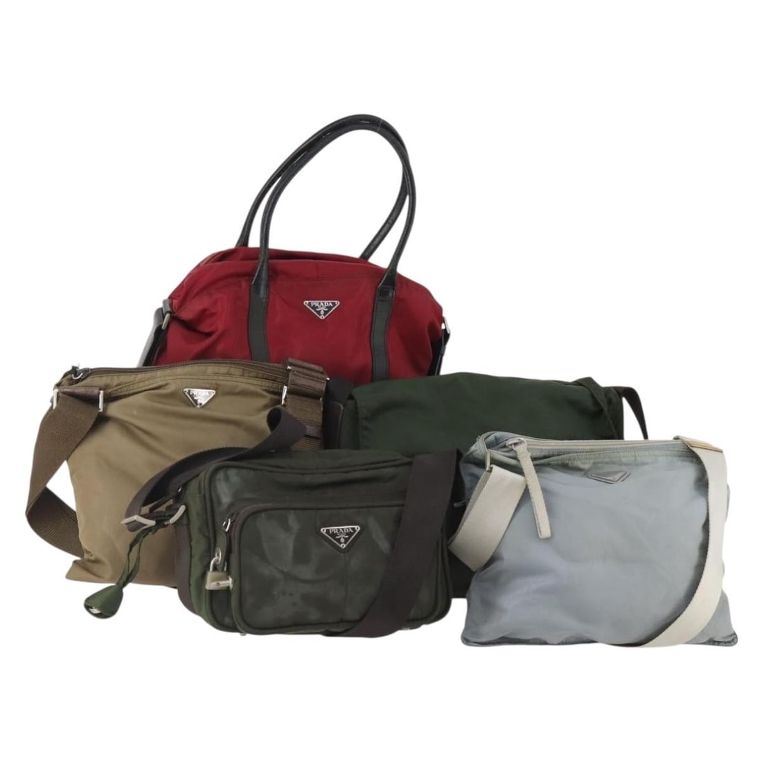PRADA Nylon Shoulder Bag Green Black Red with Padlock and Cards: PRADA Nylon Shoulder Bag Green Black Red with Padlock and Cards This PRADA shoulder bag set includes five nylon bags in green, black, and red, designed for women. The set comes with accessories such a