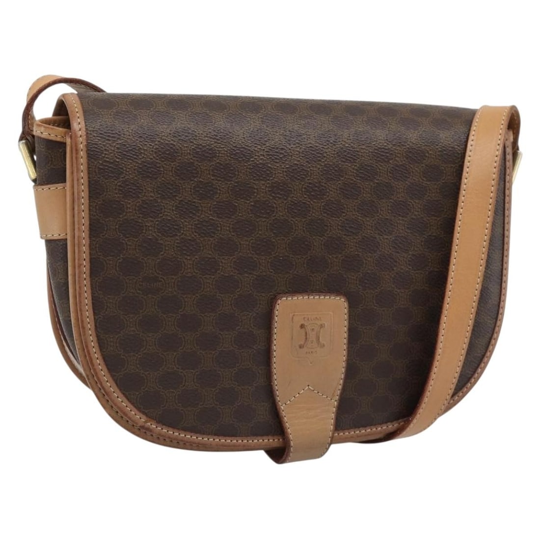 Celine Macadam PVC Leather Shoulder Bag Brown Gold Tone: Celine Macadam PVC Leather Shoulder Bag Brown Gold Tone A CELINE shoulder bag in brown and gold, crafted from PVC leather and Macadam canvas. Made in Italy, this bag features a shoulder strap with an 