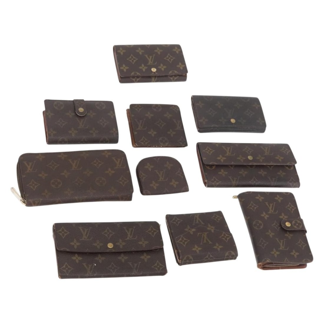 Lot of 10 Louis Vuitton Monogram Canvas Wallets: Lot of 10 Louis Vuitton Monogram Canvas Wallets Louis Vuitton Monogram wallet in Monogram Canvas. This item is offered as a special bundle set and is in heavily used condition, with significant wear t