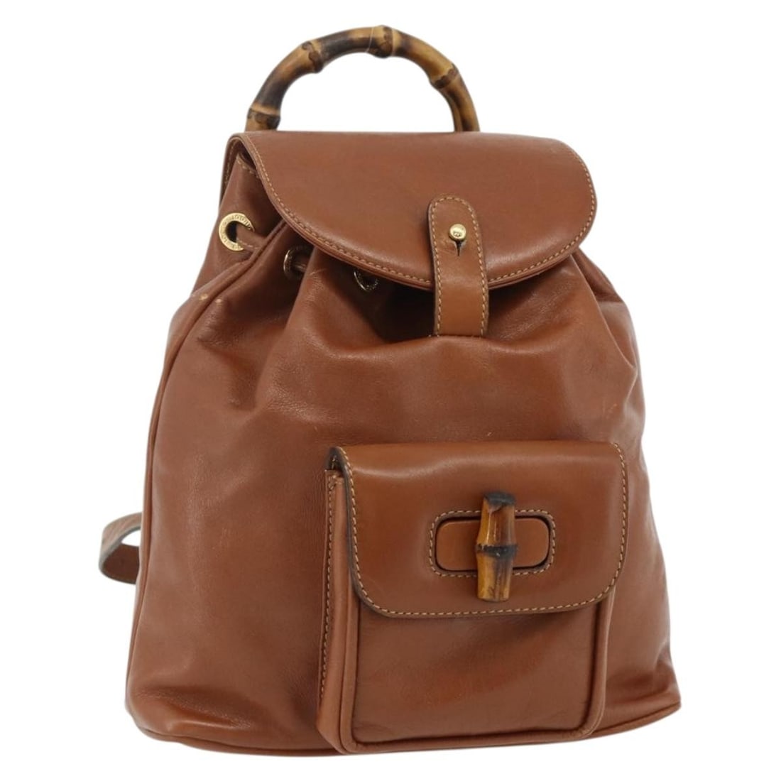 Gucci 003 1705 0030 Brown Leather Bamboo Backpack Gold Tone: Gucci 003 1705 0030 Brown Leather Bamboo Backpack Gold Tone Brown and gold Gucci bamboo backpack in leather, made in Italy. The item is described as heavily used with visible wear including rubbing, s