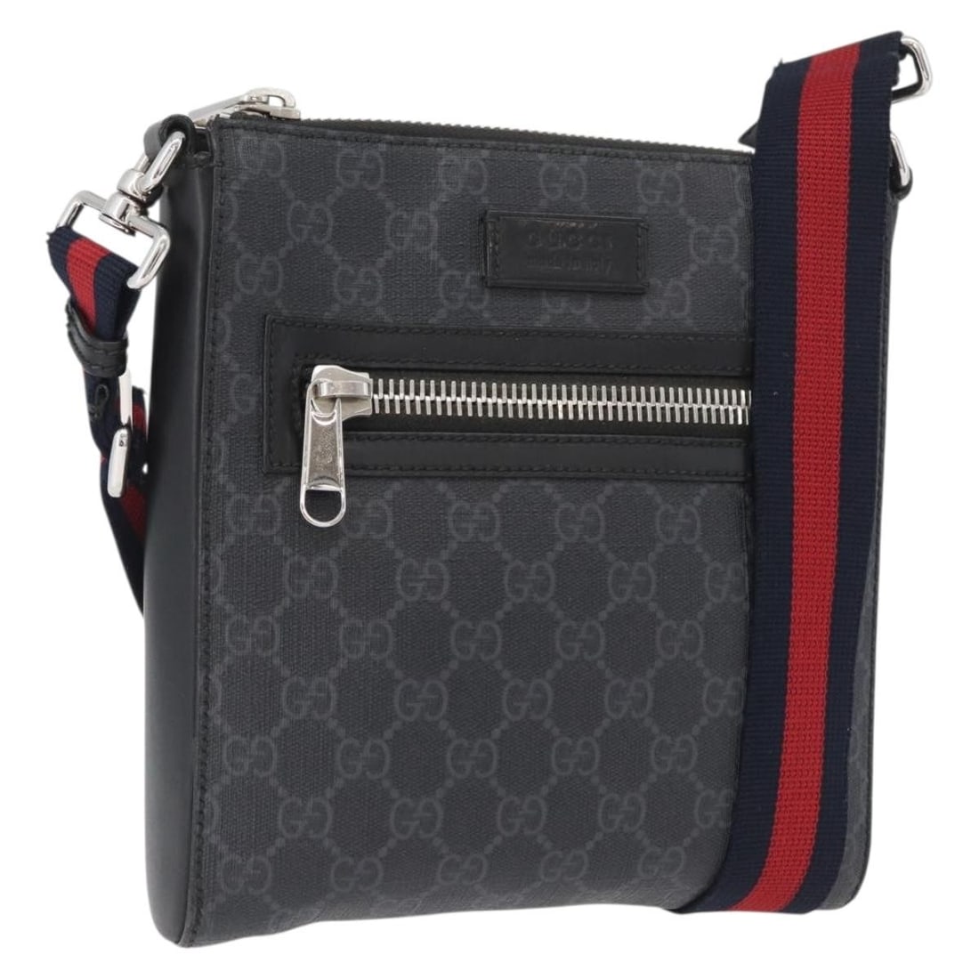 Gucci 523599 GG Supreme Shoulder Bag Sherry Stripe Black PVC Leather: Gucci 523599 GG Supreme Shoulder Bag Sherry Stripe Black PVC Leather Gucci GG Supreme Sherry Line shoulder bag in black and silver, made in Italy from PVC leather and GG canvas. This used shoulder bag