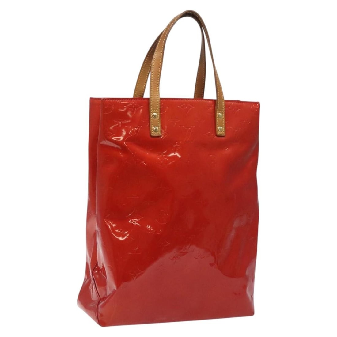 Red Vernis Reade MM Patent Leather Handbag by Louis Vuitton M91086: Red Vernis Reade MM Patent Leather Handbag by Louis Vuitton M91086 This Louis Vuitton Monogram Vernis Reade MM handbag features glossy red patent leather with a spacious interior, designed for women. 