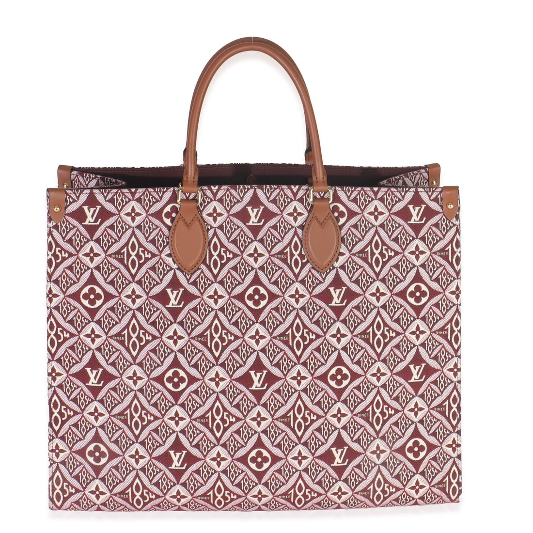 Louis Vuitton Onthego GM tote in Since 1854 Bordeaux canvas: Louis Vuitton Onthego GM tote in Since 1854 Bordeaux canvas Louis Vuitton Onthego GM tote in Bordeaux jacquard canvas from the Since 1854 line. The bag features a clasp closure, microfiber lining, gol