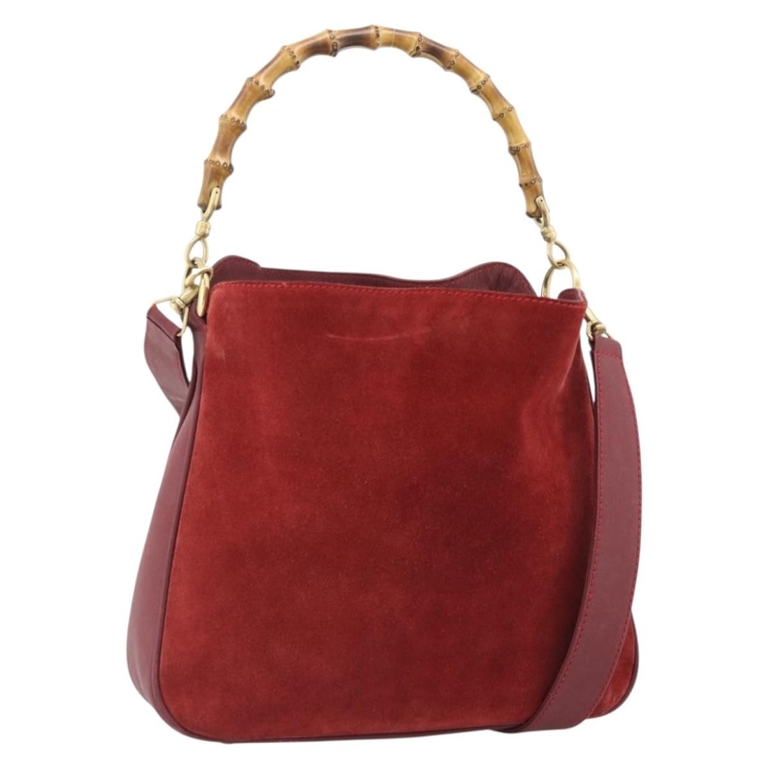 Gucci Bamboo 2way Suede Handbag Red Gold Shoulder Strap: Gucci Bamboo 2way Suede Handbag Red Gold Shoulder Strap Gucci Bamboo Hand Bag in suede, designed for women and made in Italy. It features a red and gold color scheme, a shoulder strap, and a 2-way sty