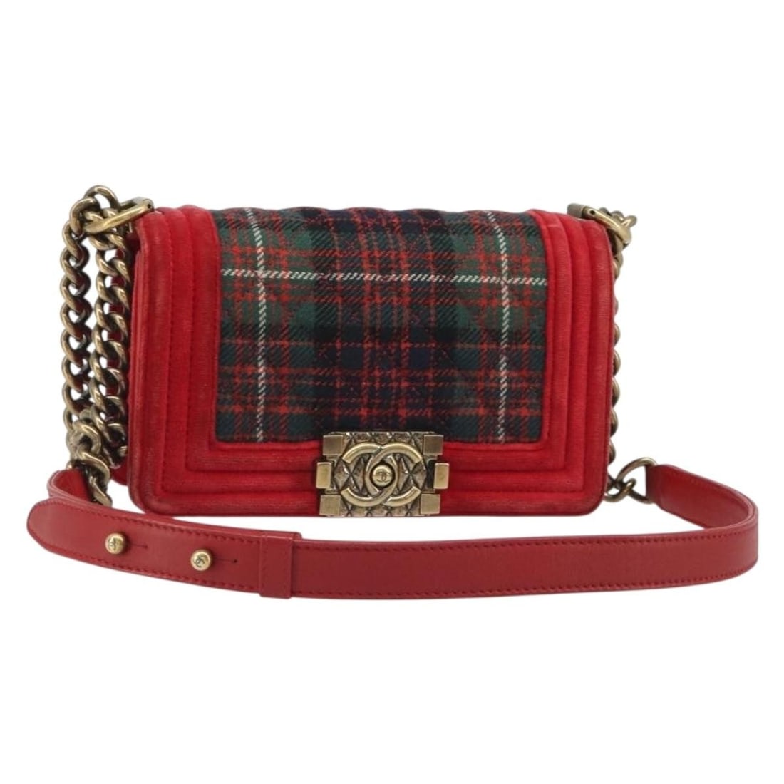 CHANEL Boy Shoulder Bag in Red Velor with Gold CC Chain: CHANEL Boy Shoulder Bag in Red Velor with Gold CC Chain CHANEL Boy Chanel chain shoulder bag in velor, presented in red with gold-tone accents. Made in Italy, this women's shoulder bag measures approx