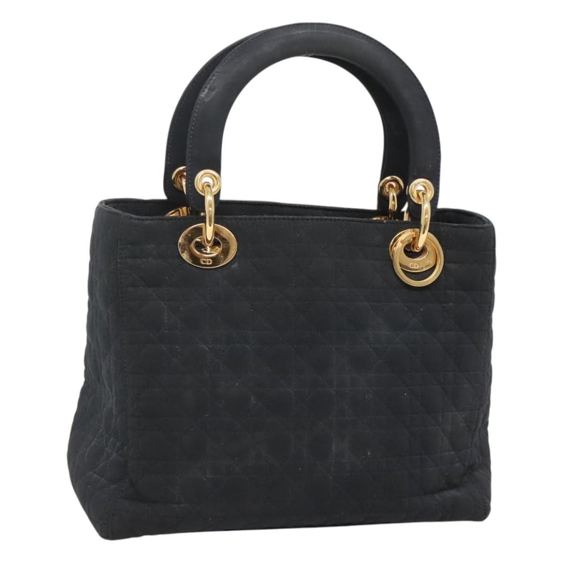 Christian Dior Cannage Navy Nylon Handbag with Gold Accents and Dust Bag: Christian Dior Cannage Navy Nylon Handbag with Gold Accents and Dust Bag This Christian Dior Canage handbag is crafted from navy nylon with gold-tone accents. Designed for women, the bag features dual