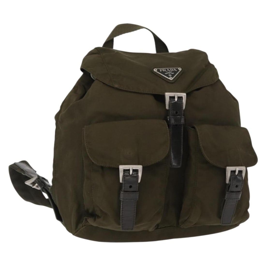 Prada nylon khaki silver women s backpack with guarantee card: Prada nylon khaki silver women s backpack with guarantee card This PRADA backpack is crafted from durable nylon in a khaki and silver color combination. Designed for women, it features a spacious main
