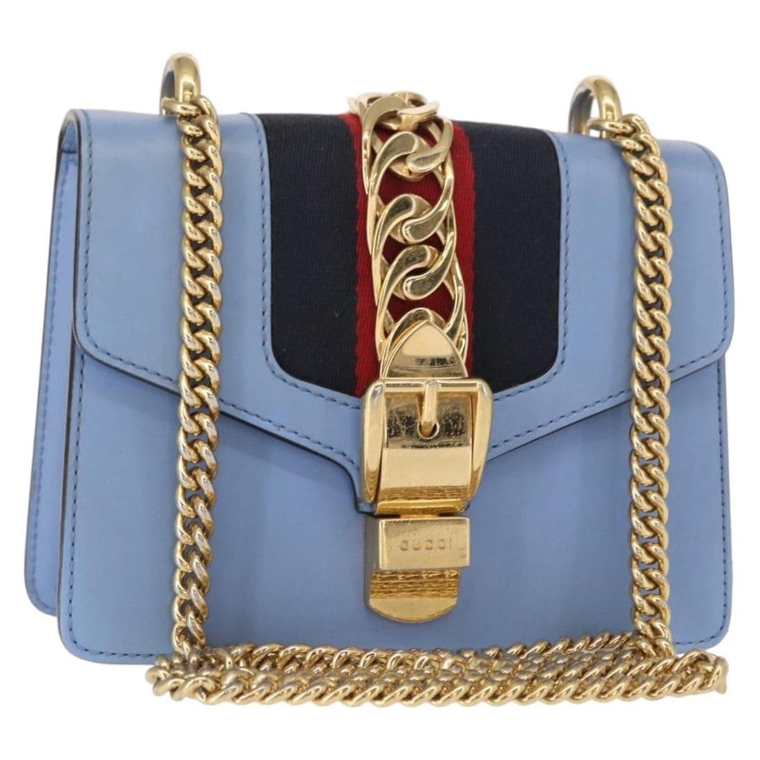 Gucci Sylvie shoulder bag light blue leather with chain strap: Gucci Sylvie shoulder bag light blue leather with chain strap A Gucci Sylvie Sherry Line chain shoulder bag in light blue leather with gold-tone details. It comes with a dust bag and a ribbon accessor