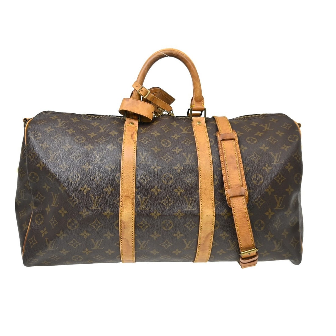 Louis Vuitton Keepall 50 Bandouliere Monogram Travel Bag M41416: Louis Vuitton Keepall 50 Bandouliere Monogram Travel Bag M41416 Vintage Louis Vuitton Keepall 50 Bandouliere handbag in brown Monogram canvas with leather trim and double handles. This unisex travel b