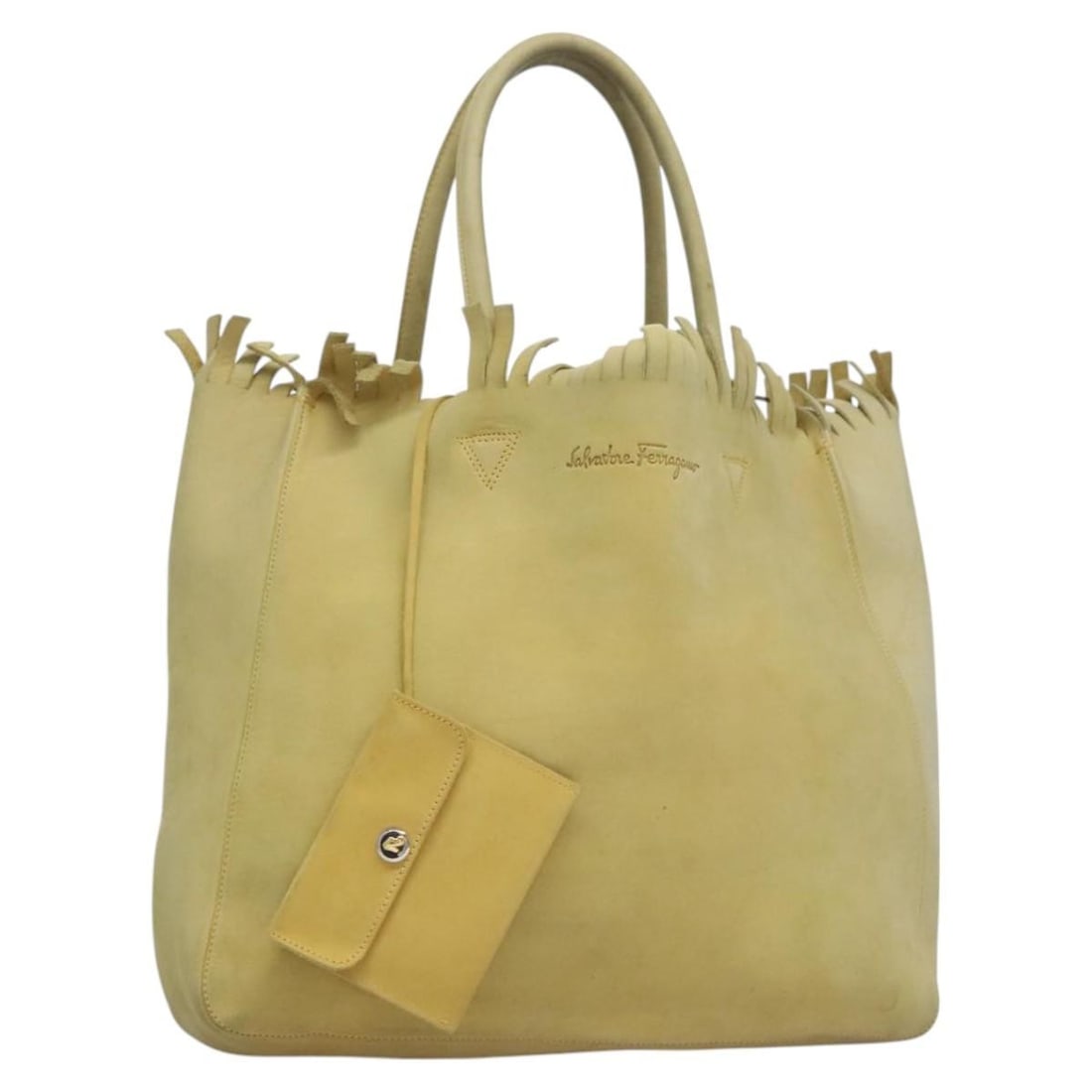Salvatore Ferragamo Yellow Suede Shoulder Bag with Pouch: Salvatore Ferragamo Yellow Suede Shoulder Bag with Pouch Salvatore Ferragamo women's shoulder bag in yellow suede, made in Italy. The bag comes with a pouch and has a shoulder drop of approximately 8.