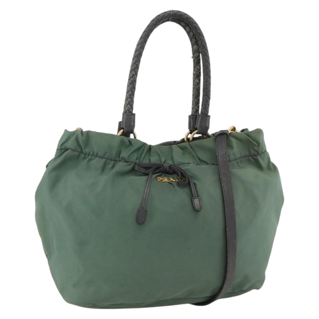 Prada Green Nylon 2way Handbag with Gold Tone Shoulder Strap: Prada Green Nylon 2way Handbag with Gold Tone Shoulder Strap This PRADA 2-way handbag is crafted from green nylon with gold-tone accents and can be carried by hand or worn on the shoulder using the in