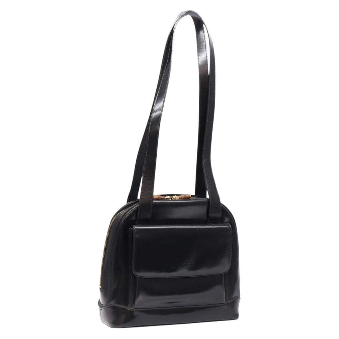 GUCCI Bamboo Black Patent Leather Shoulder Bag Gold Auth: GUCCI Bamboo Black Patent Leather Shoulder Bag Gold Auth This authentic GUCCI Bamboo Shoulder Bag combines elegance with practicality, crafted from luxurious patent leather in a sophisticated black an