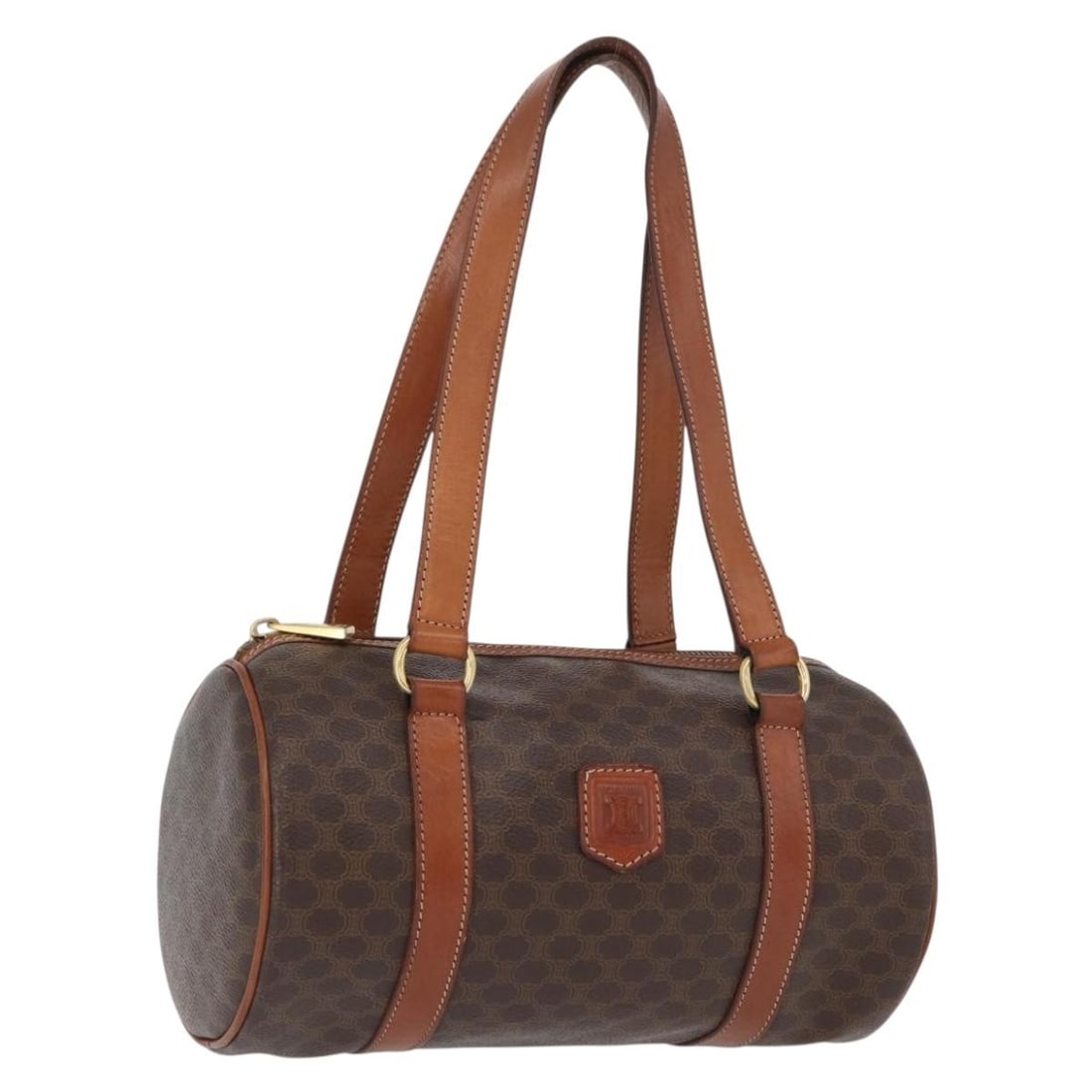 CELINE Macadam Brown PVC Leather Handbag Gold Tone Hardware: CELINE Macadam Brown PVC Leather Handbag Gold Tone Hardware A CELINE handbag in brown and gold, crafted from PVC leather and Macadam canvas. It is a hand bag style made in Italy and comes with only th