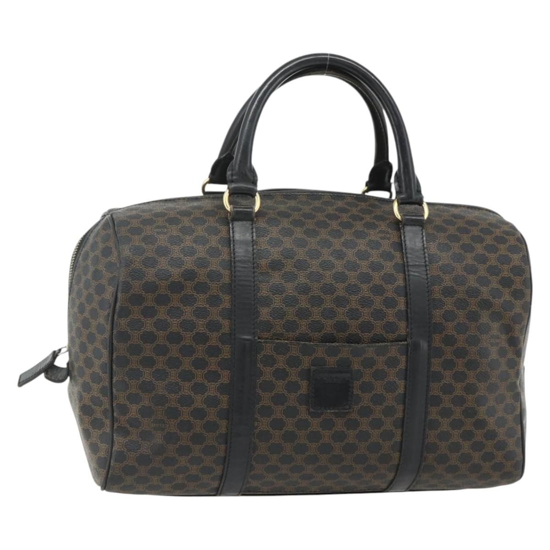 Celine Macadam Boston Bag Black PVC Leather Gold Tone: Celine Macadam Boston Bag Black PVC Leather Gold Tone A CELINE Boston bag in black and gold, made from PVC leather and Macadam canvas. It features a structured silhouette with a handle drop of approxi