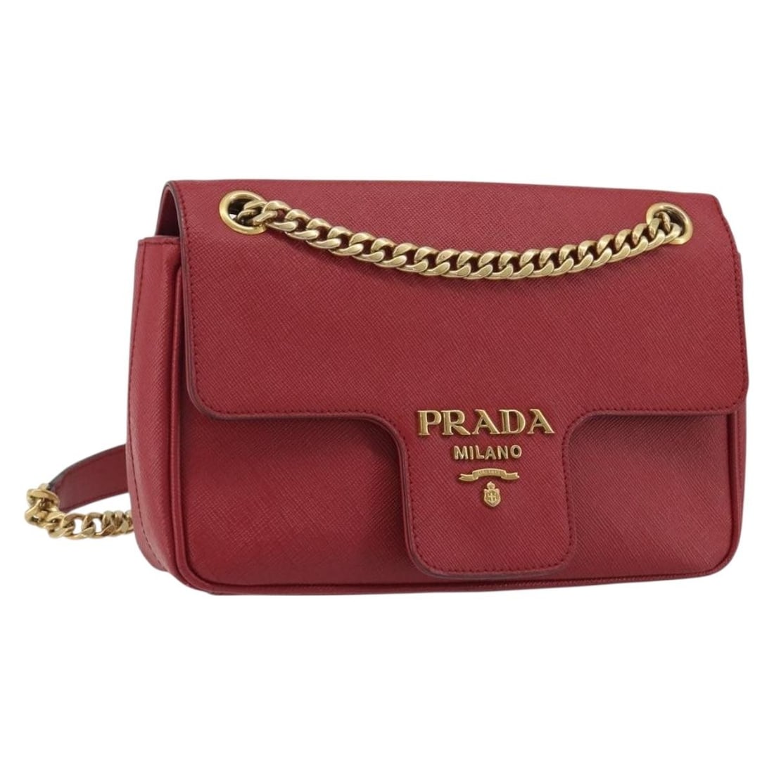 Prada Saffiano Leather Shoulder Bag Red Gold Tone With Guarantee Card: Prada Saffiano Leather Shoulder Bag Red Gold Tone With Guarantee Card Prada shoulder bag in red and gold Saffiano leather, offered with a guarantee card. The bag is described as heavily used, with vis