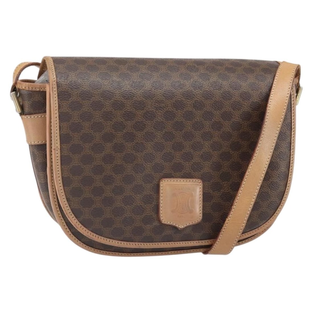 CELINE Macadam Canvas and PVC Leather Shoulder Bag Brown Gold: CELINE Macadam Canvas and PVC Leather Shoulder Bag Brown Gold This CELINE shoulder bag features a combination of Macadam canvas and PVC leather in a brown and gold color scheme. Crafted in Italy, the 