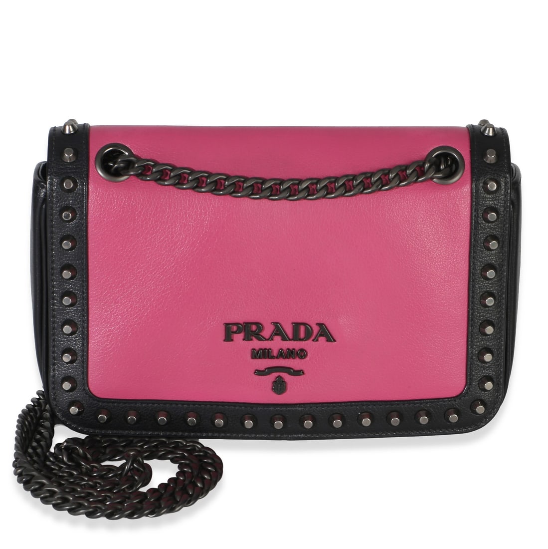 Prada Glace Studded Chain Flap Black Pink Leather Shoulder Bag: Prada Glace Studded Chain Flap Black Pink Leather Shoulder Bag This Prada Glace Studded Chain Flap shoulder bag features a stylish combination of black and pink leather with gold-tone hardware. The ba
