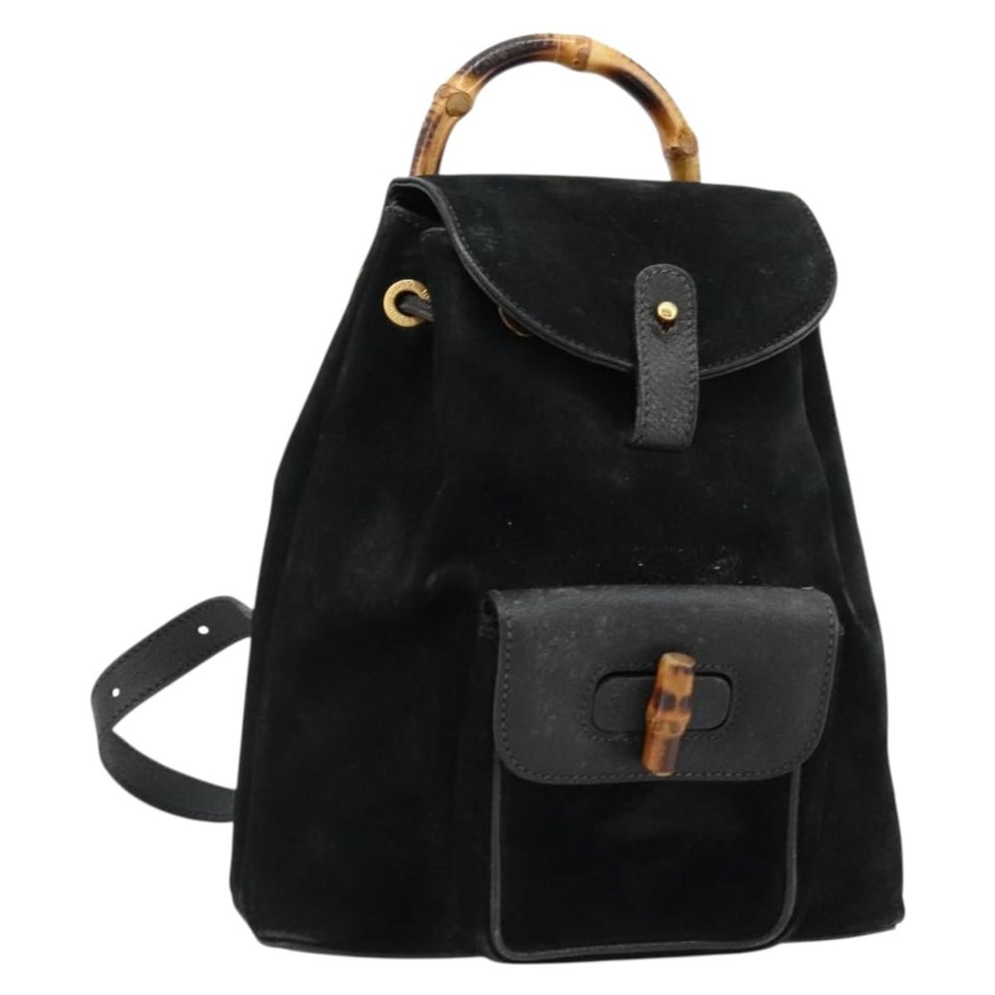 Gucci 003 1705 0030 suede backpack black with bamboo handle: Gucci 003 1705 0030 suede backpack black with bamboo handle Gucci bamboo backpack in black suede with gold-tone accents. This women's backpack is made in Italy and includes only the item shown, with n