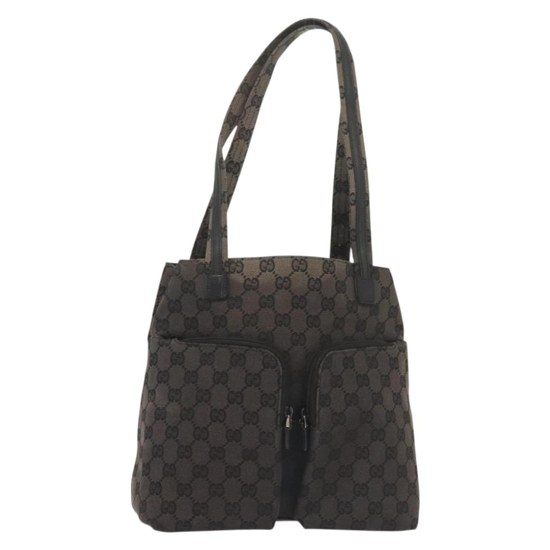 GUCCI GG Canvas Black Silver Tote Bag 002 1076 3754 Authentic: GUCCI GG Canvas Black Silver Tote Bag 002 1076 3754 Authentic This authentic GUCCI GG Canvas Tote Bag features a sophisticated black and silver design, crafted from durable GG Canvas material. Measuri