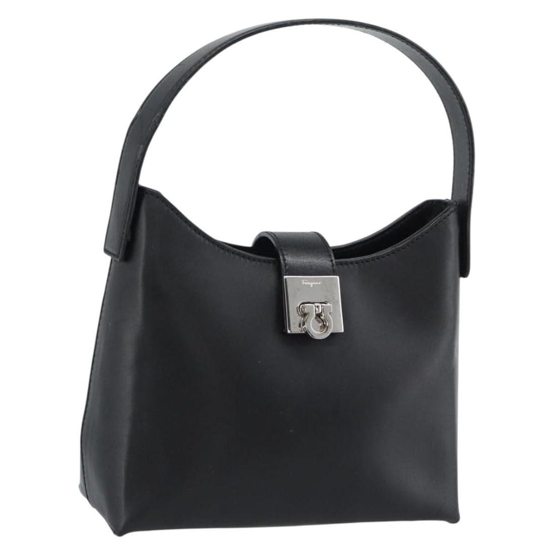 Black Leather Hand Bag Salvatore Ferragamo Gancini Silver Tone: Black Leather Hand Bag Salvatore Ferragamo Gancini Silver Tone A Salvatore Ferragamo Gancini hand bag in black and silver leather, made in Italy. The bag measures approximately 17 cm W x 13 cm H x 7 c
