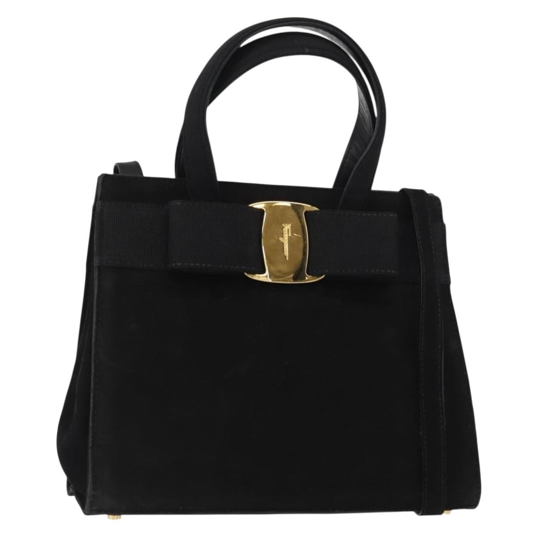 Salvatore Ferragamo Vala Suede 2way Handbag Black Gold Italy: Salvatore Ferragamo Vala Suede 2way Handbag Black Gold Italy Salvatore Ferragamo Vala Hand Bag in black suede with gold-tone accents. This 2-way style includes a shoulder strap and was made in Italy. 