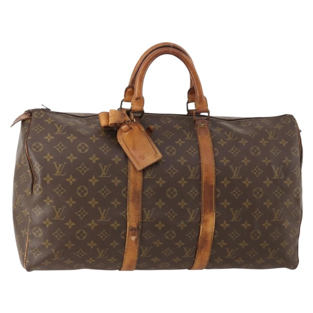 Louis Vuitton M41426 Keepall 50 Monogram Canvas Boston Bag: Louis Vuitton M41426 Keepall 50 Monogram Canvas Boston Bag Louis Vuitton Keepall 50 Boston Bag in Monogram canvas, made in France. It comes with a name tag and powanie accessory. The bag shows heavy u