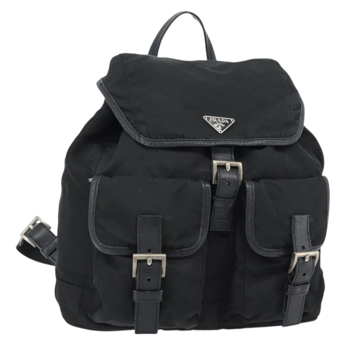 PRADA Black Nylon Backpack Silver Tone Italy: PRADA Black Nylon Backpack Silver Tone Italy PRADA backpack in black and silver nylon, made in Italy. This women's backpack has an approximate size of 30 cm x 30 cm x 13 cm (11.8 x 11.8 x 5.1 inches).