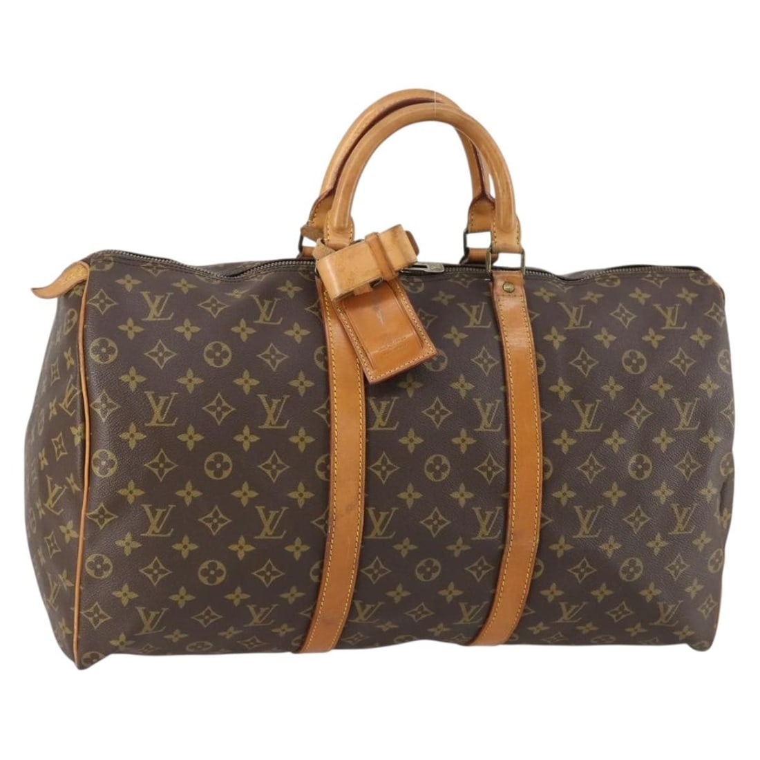 Louis Vuitton M41424 Keepall 55 Monogram Canvas Boston Bag: Louis Vuitton M41424 Keepall 55 Monogram Canvas Boston Bag Louis Vuitton Keepall 55 Boston bag in Monogram canvas. This women's travel bag includes a name tag and Powanie. Condition is heavily used, w