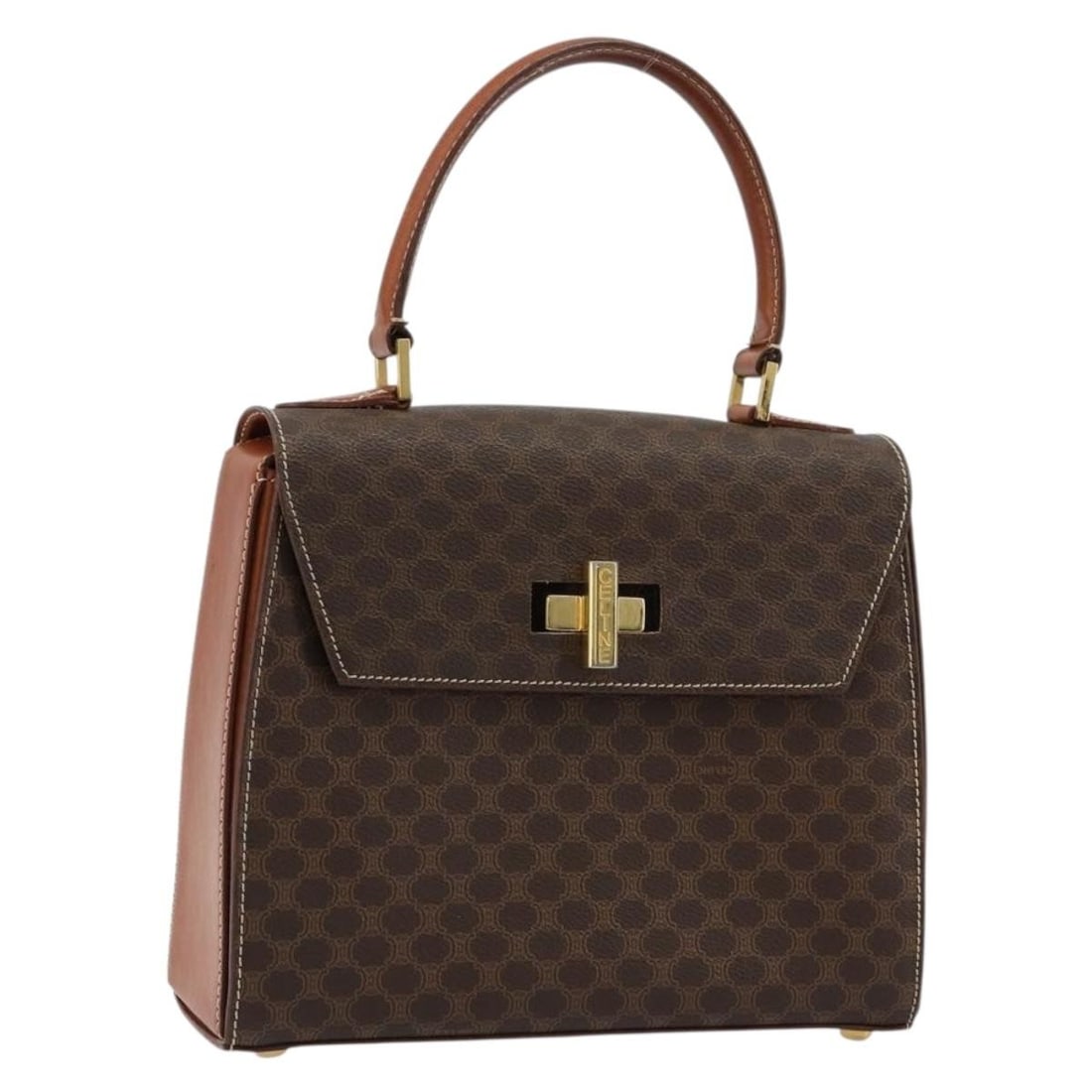 Celine Macadam Canvas and PVC Leather Handbag Brown Gold: Celine Macadam Canvas and PVC Leather Handbag Brown Gold A CELINE hand bag in gold and brown Macadam canvas with PVC leather trim. It is made in Italy and measures approximately W24 x H20 x D9 cm, wit