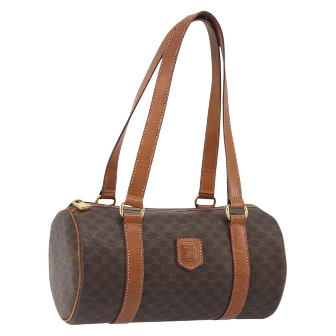 CELINE Macadam Canvas Brown Handbag PVC Leather Gold Tone: CELINE Macadam Canvas Brown Handbag PVC Leather Gold Tone CELINE Macadam Canvas hand bag in brown and gold, made in Italy from PVC leather and Macadam canvas. This women's bag has a handle drop of app