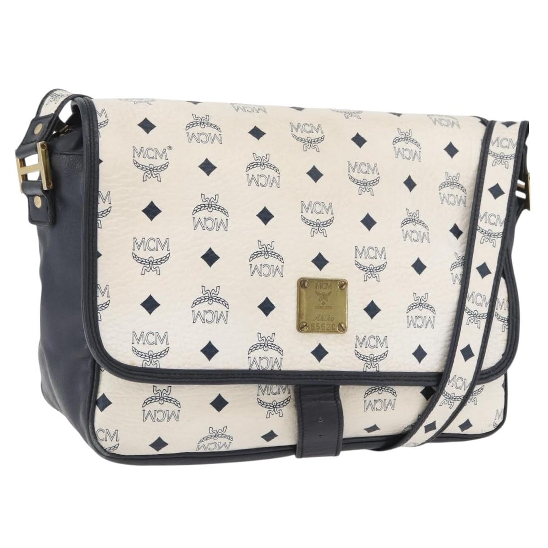 MCM White and Gold PVC Leather Shoulder Bag Logogram Design: MCM White and Gold PVC Leather Shoulder Bag Logogram Design This MCM shoulder bag features the Vicetos logogram design in white and gold PVC leather. Designed for women, the bag includes an adjustable