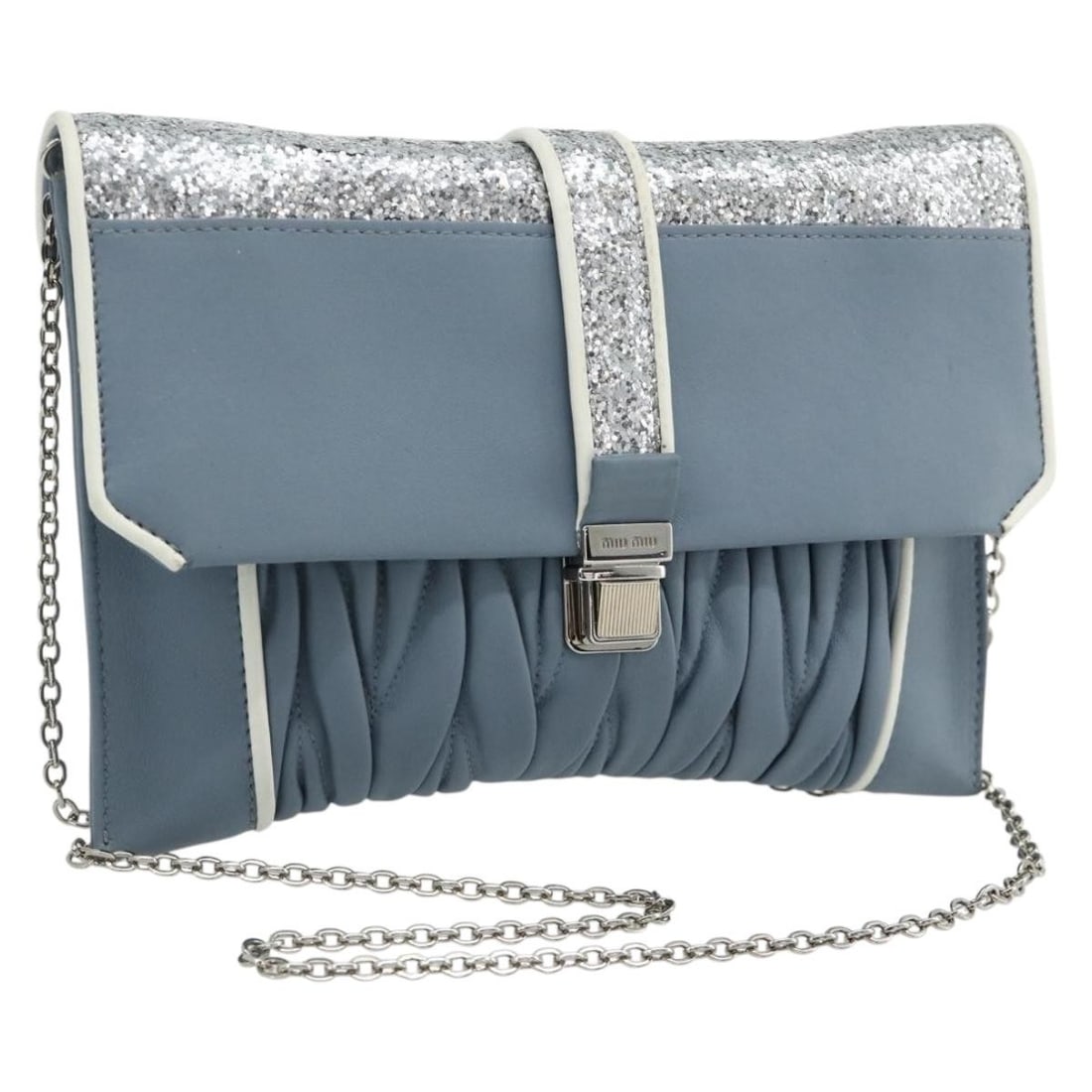 Miu Miu Matelasse Light Blue Silver Leather Shoulder Bag: Miu Miu Matelasse Light Blue Silver Leather Shoulder Bag This Miu Miu Matelasse chain shoulder bag is crafted from leather in a light blue and silver color combination. Designed for women, it features