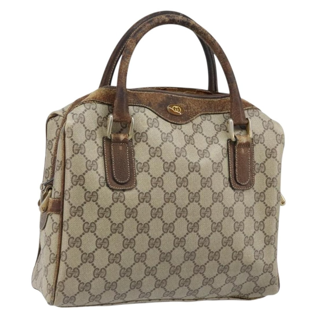 Beige Gold GG Supreme PVC Leather Gucci Handbag for Women: Beige Gold GG Supreme PVC Leather Gucci Handbag for Women This is a women's Gucci GG Supreme handbag crafted from beige PVC leather and GG canvas with gold accents. The bag features dual top handles w