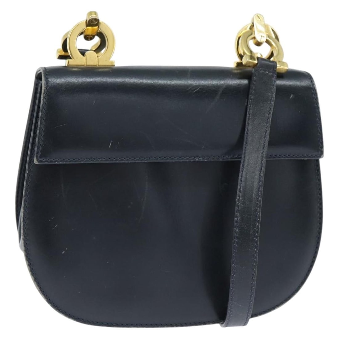 Salvatore Ferragamo Gancini Navy Gold Leather Shoulder Bag Authenticated: Salvatore Ferragamo Gancini Navy Gold Leather Shoulder Bag Authenticated This Salvatore Ferragamo Gancini Shoulder Bag combines elegant navy leather with gold accents for a sophisticated look. Crafted