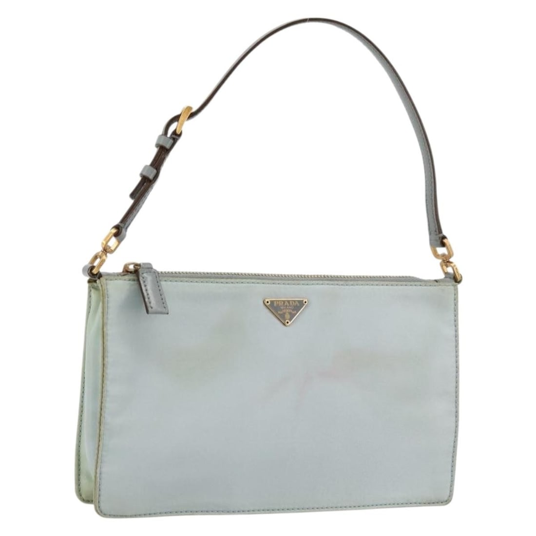 Prada Nylon Light Blue Gold Accessory Pouch Italy: Prada Nylon Light Blue Gold Accessory Pouch Italy This PRADA accessory pouch is crafted from light blue nylon with gold-tone accents. Designed for women, it features a compact and practical silhouette