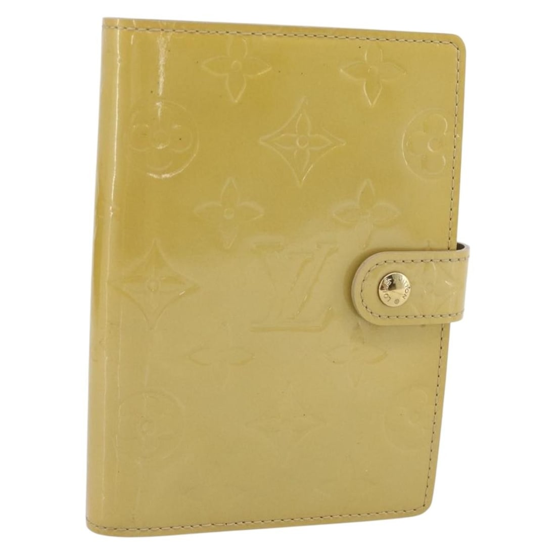 Louis Vuitton Vernis Beige Patent Leather Day Planner Cover R21001: Louis Vuitton Vernis Beige Patent Leather Day Planner Cover R21001 This is a LOUIS VUITTON Vernis Agenda PM Day Planner Cover in beige patent leather, designed for women. The cover features a compact 