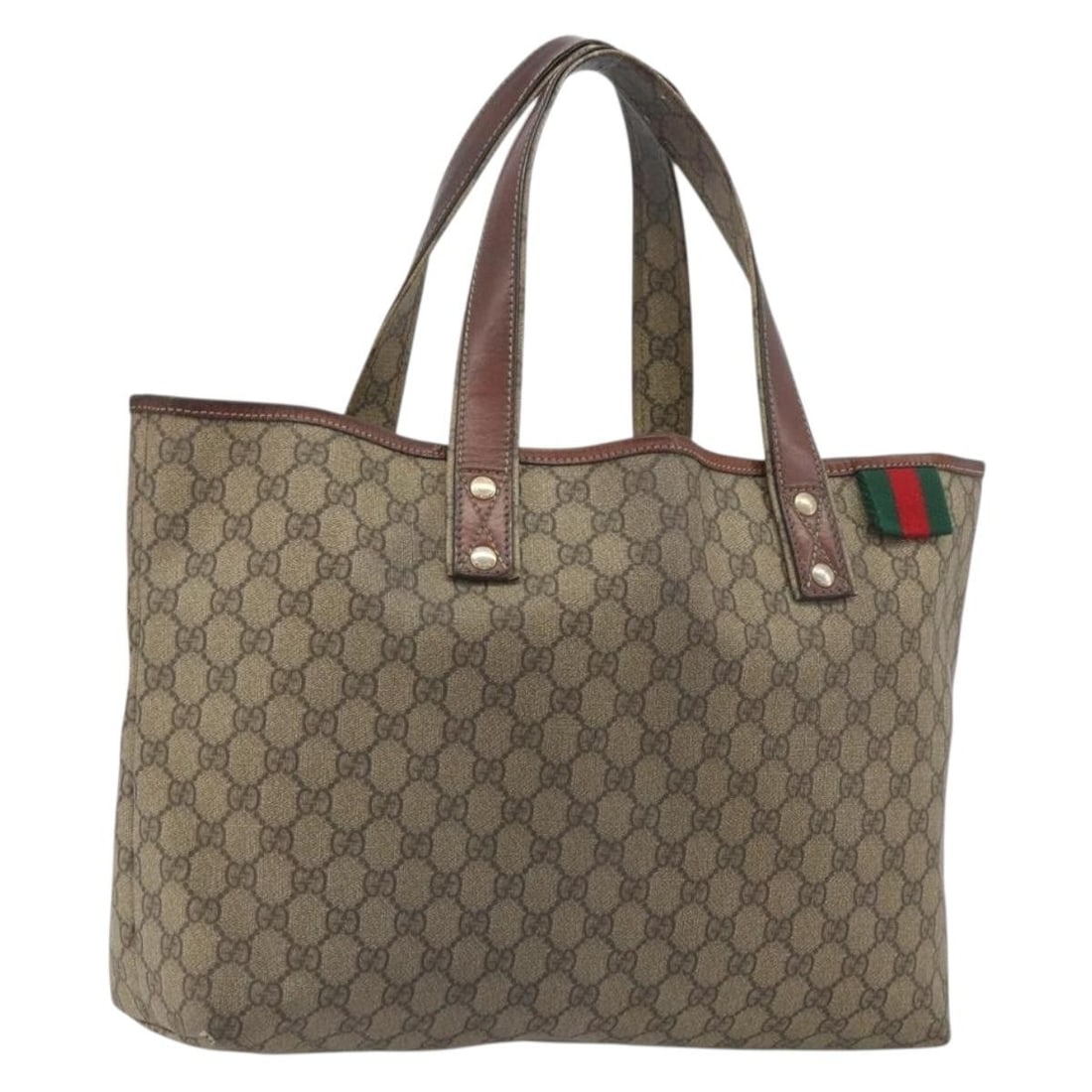 GUCCI 211134 GG Supreme Sherry Web PVC Leather Tote: GUCCI 211134 GG Supreme Sherry Web PVC Leather Tote Gucci GG Supreme Web Sherry Line tote bag in beige and gold, made in Italy. It is constructed from PVC leather and GG canvas, with a tote bag style 