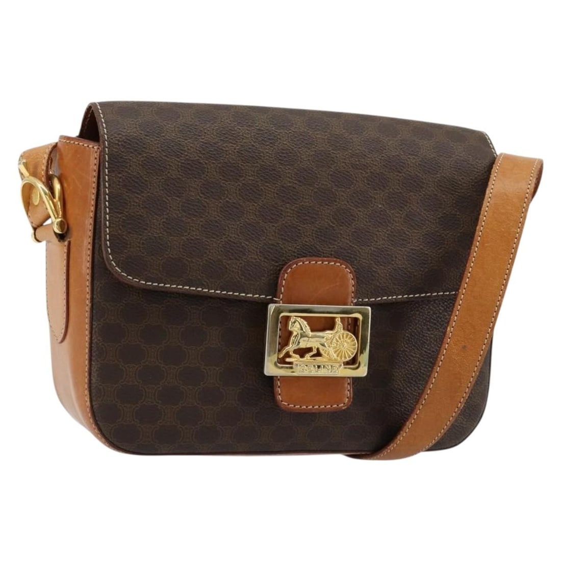 CELINE Horse Carriage Macadam Canvas Shoulder Bag Brown Gold PVC Leather: CELINE Horse Carriage Macadam Canvas Shoulder Bag Brown Gold PVC Leather A CELINE shoulder bag crafted from PVC leather and Macadam canvas in brown and gold. Made in Italy, it features a shoulder stra