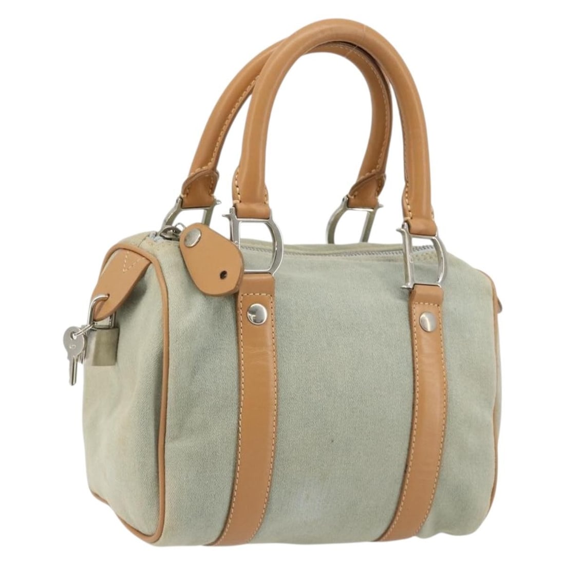 Christian Dior Mini Boston Canvas Handbag Light Blue Silver Padlock Keys: Christian Dior Mini Boston Canvas Handbag Light Blue Silver Padlock Keys A Christian Dior Mini Boston Bag in light blue and silver, made from canvas and styled as a Boston bag. It comes with a padlock