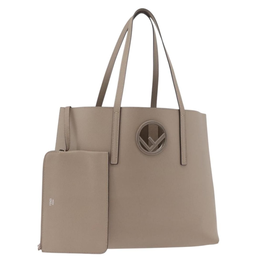 Fendi 8BH348 Gray Silver Leather Tote with Pouch: Fendi 8BH348 Gray Silver Leather Tote with Pouch This FENDI tote bag is crafted from gray and silver leather, featuring a spacious interior and a matching pouch accessory. Designed for women, the bag 