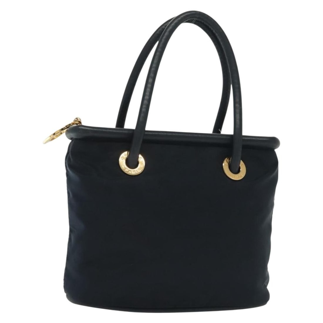 CELINE Navy Gold Nylon Hand Bag Made in Italy: CELINE Navy Gold Nylon Hand Bag Made in Italy This authentic CELINE hand bag is crafted from durable nylon in a sophisticated navy and gold color scheme. With dimensions of approximately 8.7 inches in